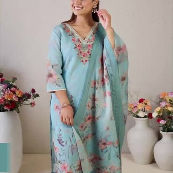 Sea Green Pink Coral Embroidered Kurta Set with Trousers & Dupatta - Picture 3 of 9